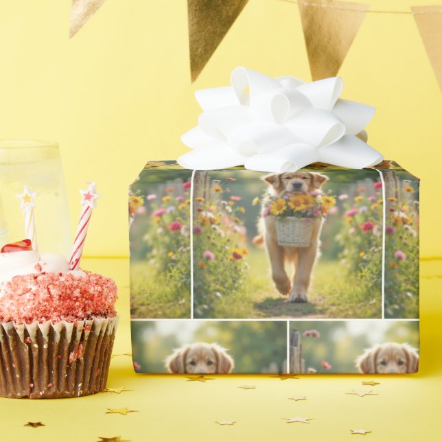 Golden Retriever med blomma Basket Presentpapper (Födelsedagsfest)