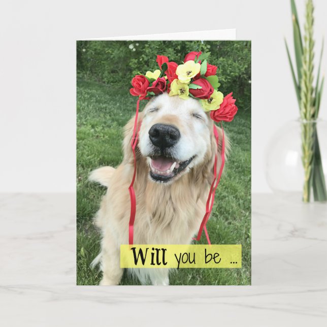 Golden Retriever med blommande Krona Bridesmaid Kort (Framsida)