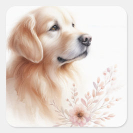 Golden Retriever med blommor, vattenfärg Fyrkantigt Klistermärke