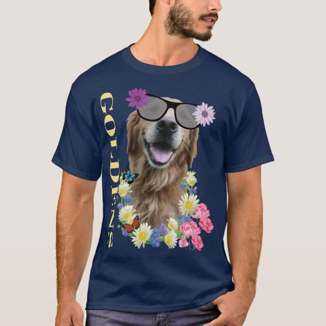Golden Retriever med blomstrande solglasögon T-Shi T Shirt (Framsida)
