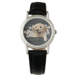 Golden Retriever med daisy på trä Armbandsur