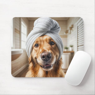 Golden Retriever med ett Towel Turban Musmatta