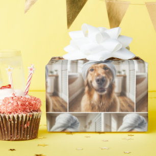 Golden Retriever med ett Towel Turban Presentpapper