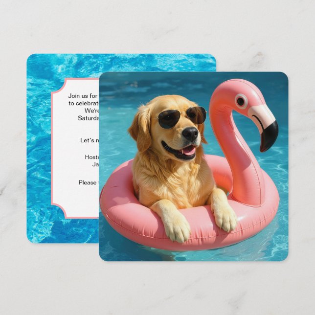 Golden Retriever med Flamingo Bassäng Party Inbjudningar (Fram/baksida)