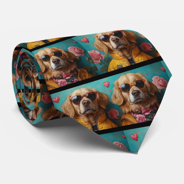 Golden Retriever Med Hjärtrosor Alla Hjärtans Dag Slips (Rullad)