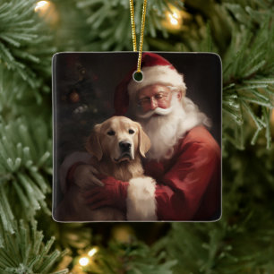 Golden Retriever med Jultomten jul Julgransprydnad Keramik