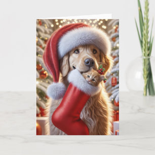 Golden Retriever med kattunge i ett lager Helgkort