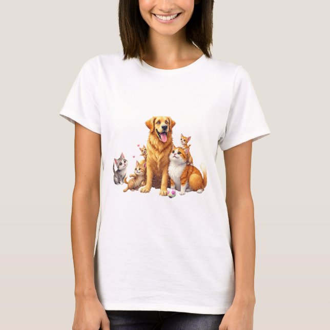 Golden Retriever med Kitten Family T Shirt (Framsida)