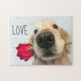 Golden Retriever med Röd ros Valentine Kärlek Pussel