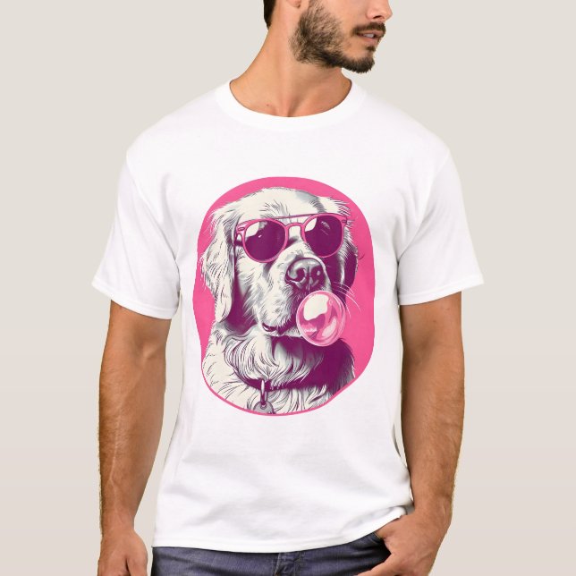 Golden Retriever med solglasögon rosa bubbelgum T Shirt (Framsida)