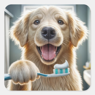 Golden Retriever med tandborste Fyrkantigt Klistermärke