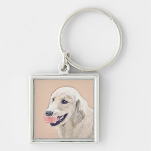 Golden Retriever med Tennis Boll Painting Hund Art Fyrkantig Silverfärgad Nyckelring