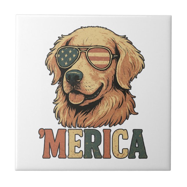 Golden Retriever 'Merica Solglasögon Kakelplatta (Framsidan)