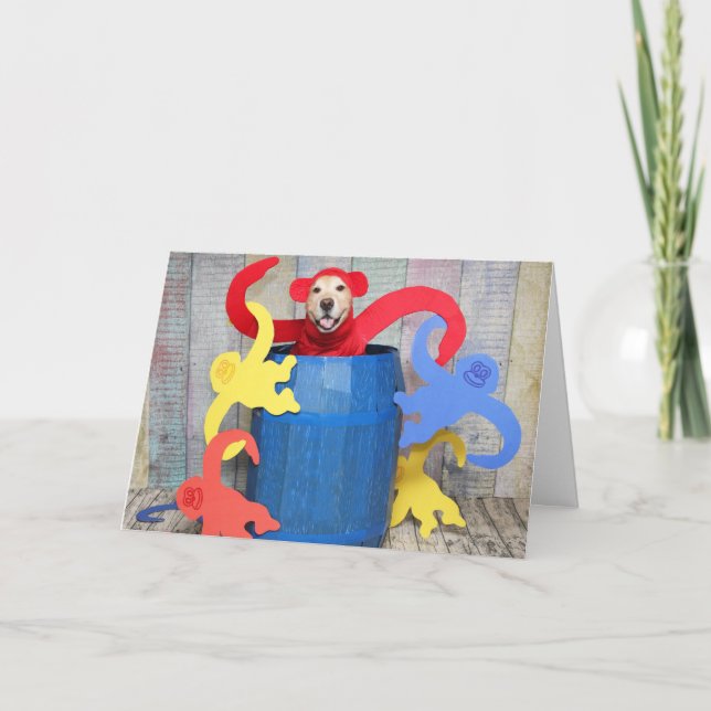 Golden Retriever Monkey Barrel Birthday Kort (Framsida)