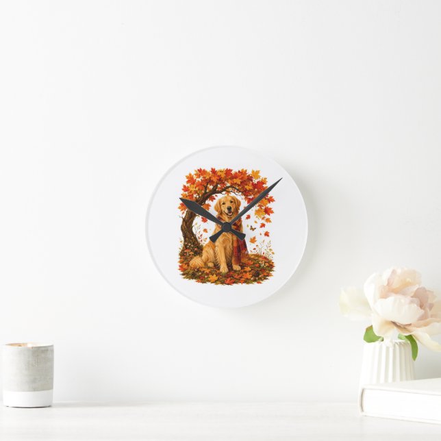 Golden Retriever Mysig Höst Tacksgiving Rund Klocka (Hem)