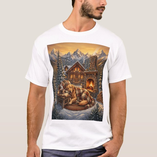 Golden Retriever Mysig Stuga T-Shirt (Framsida)