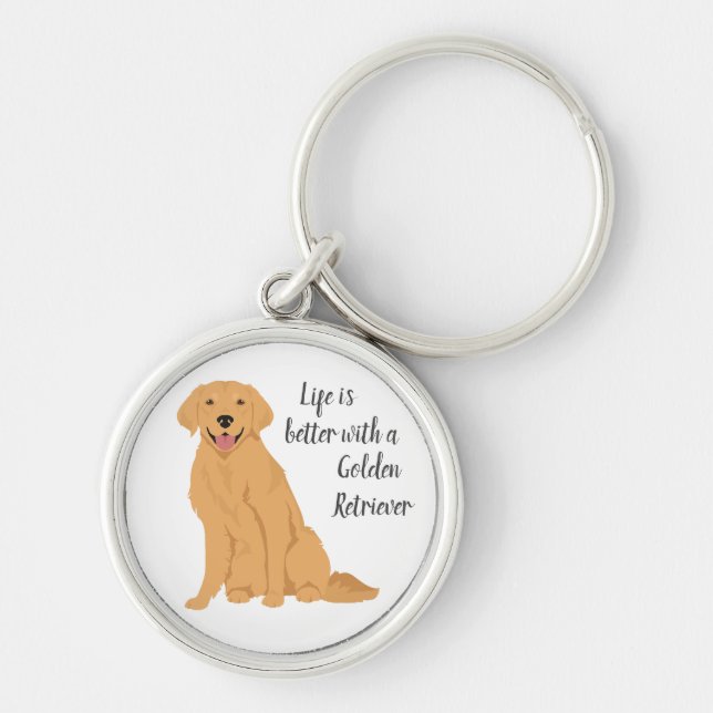 Golden Retriever-nyckelkedja. Jacka färg i din Rund Silverfärgad Nyckelring (Framsidan)