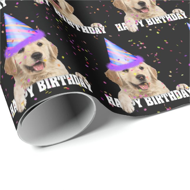 Golden Retriever och födelsedagskonfietti Presentpapper (Rullad Hörn)