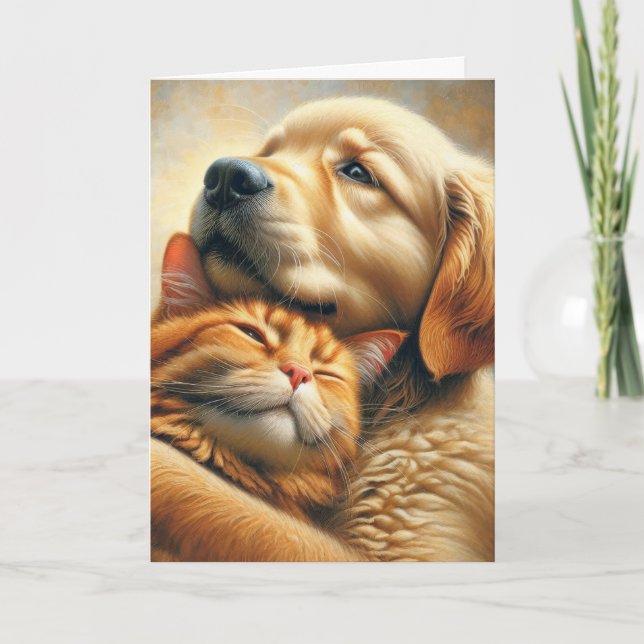 Golden Retriever och Ginger Cat Birthday Kort (Framsida)