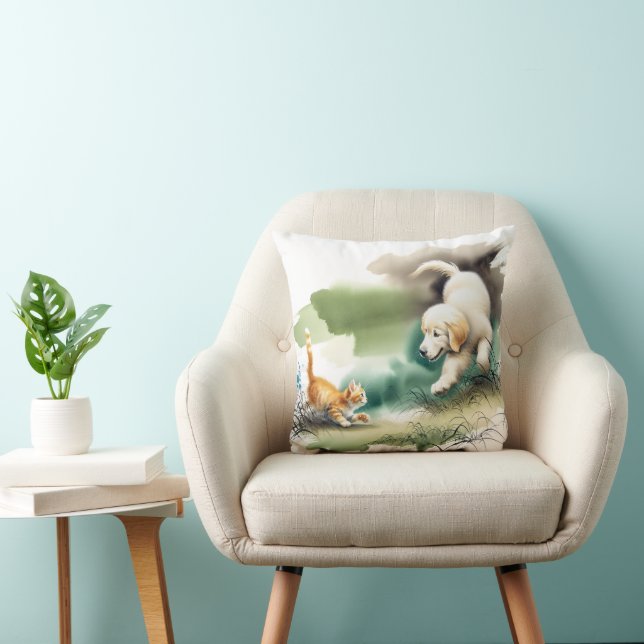 Golden Retriever och Ginger Kitten Kudde (Stol)