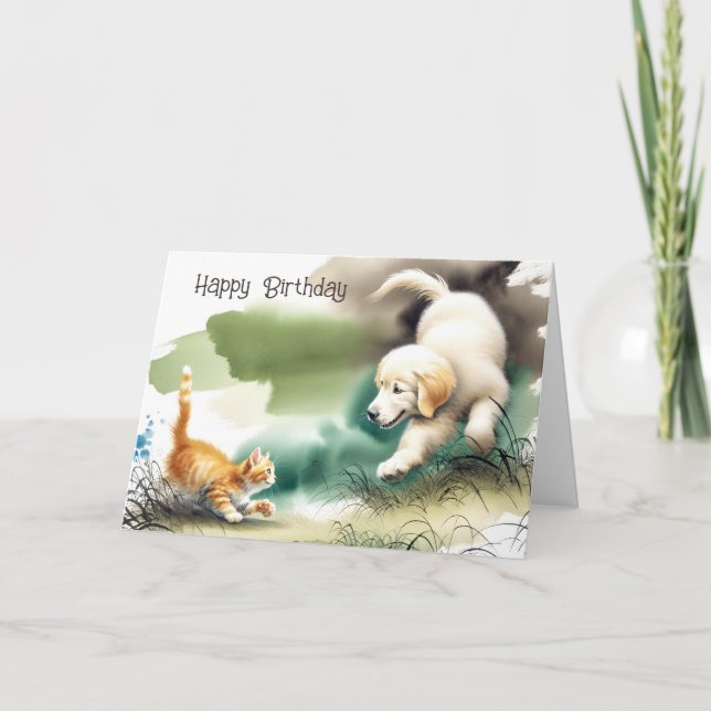 Golden Retriever och Kitten Birthday Kort (Framsida)