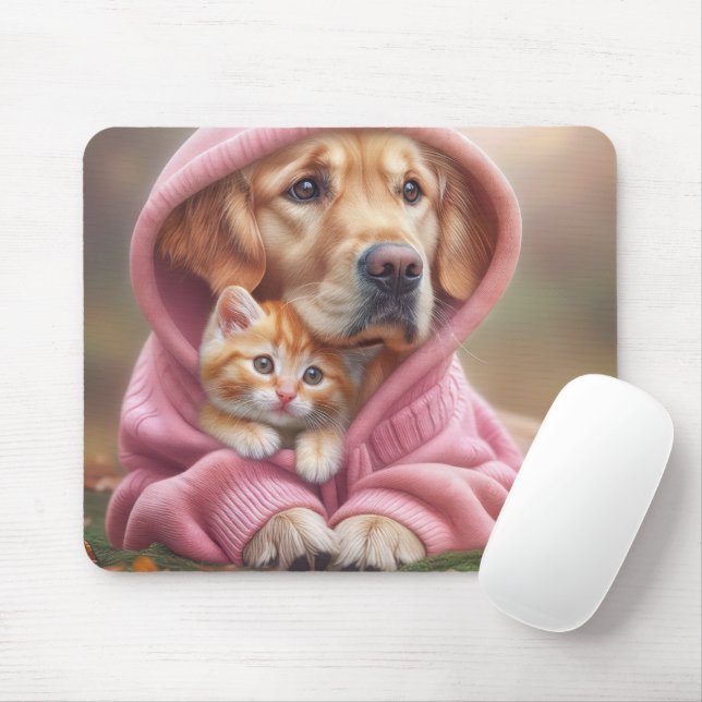 Golden Retriever och Kitten i Rosa Hoodie Musmatta (Med mus)