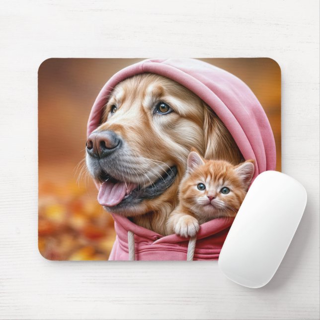 Golden Retriever och Kitten i Rosa Hoodie Musmatta (Med mus)