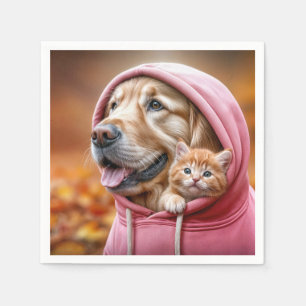 Golden Retriever och Kitten i Rosa Hoodie Pappersservett
