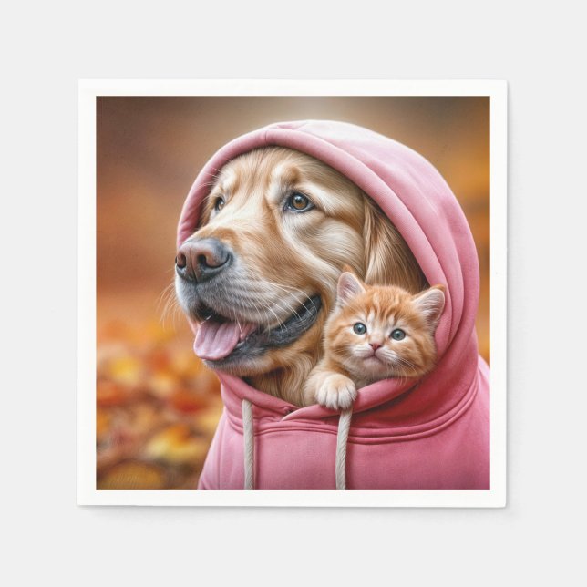 Golden Retriever och Kitten i Rosa Hoodie Pappersservett (Framsidan)