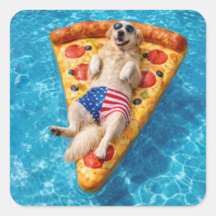Golden Retriever på en pizza-luftmadrass Fyrkantigt Klistermärke