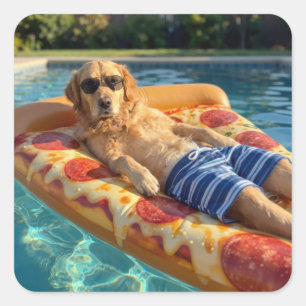 Golden Retriever på en pizzaskliva flotte Fyrkantigt Klistermärke