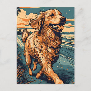 Golden Retriever på en tropisk strand under solned Vykort