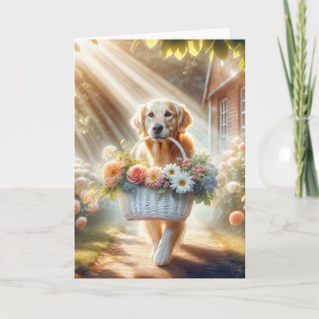 Golden Retriever på födelsedagen med blomma Basket Kort (Framsida)