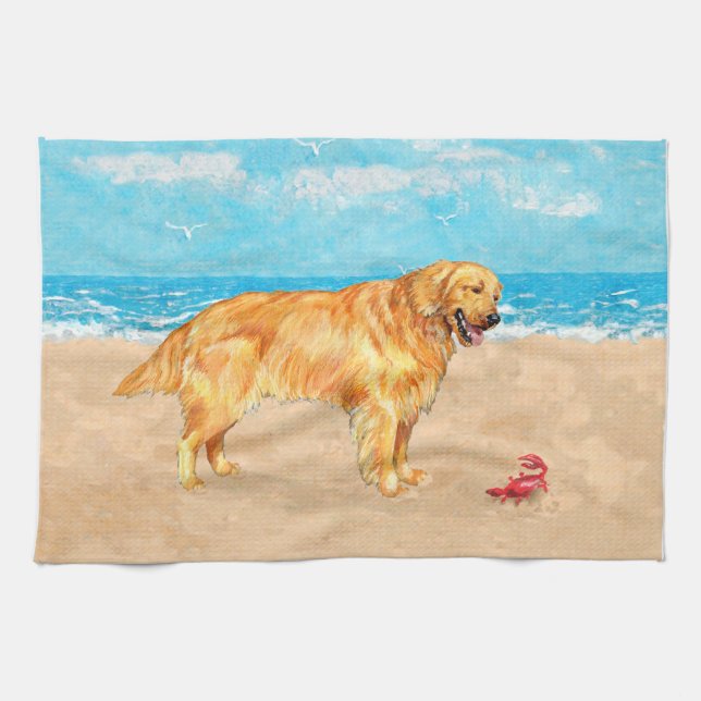 Golden Retriever på stranden Kökshandduk (Horisontell)