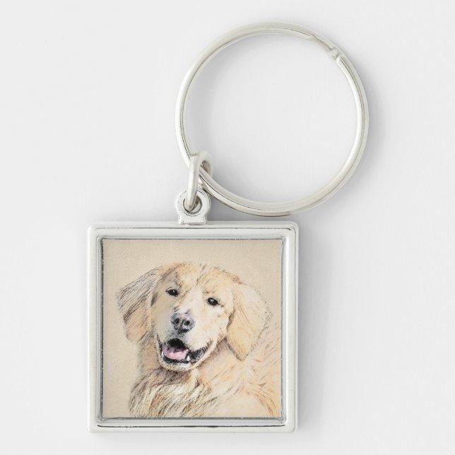 Golden Retriever Painting - Cute Original Hund Art Fyrkantig Silverfärgad Nyckelring (Framsidan)