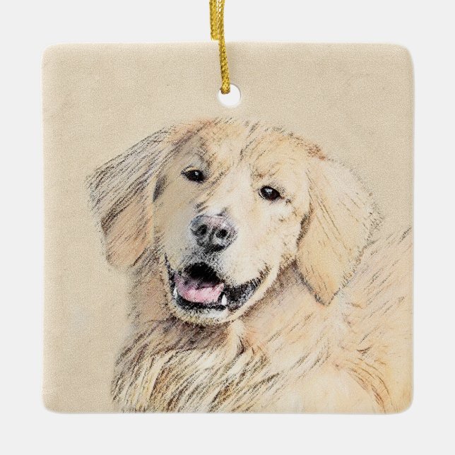 Golden Retriever Painting - Cute Original Hund Art Julgransprydnad Keramik (Framsida)