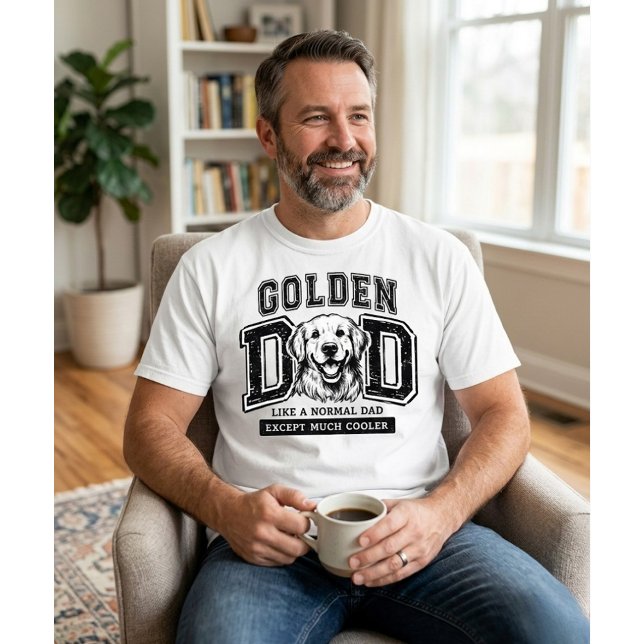 Golden Retriever Pappa T Shirt (Man in white Golden Dad shirt holding mug; personalized Golden Retriever Father's Day gift mockup.)