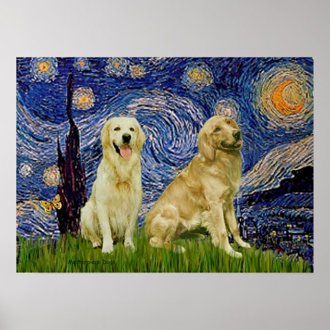 Golden Retriever-par 3 - Stjärnkväll Poster (Framsidan)