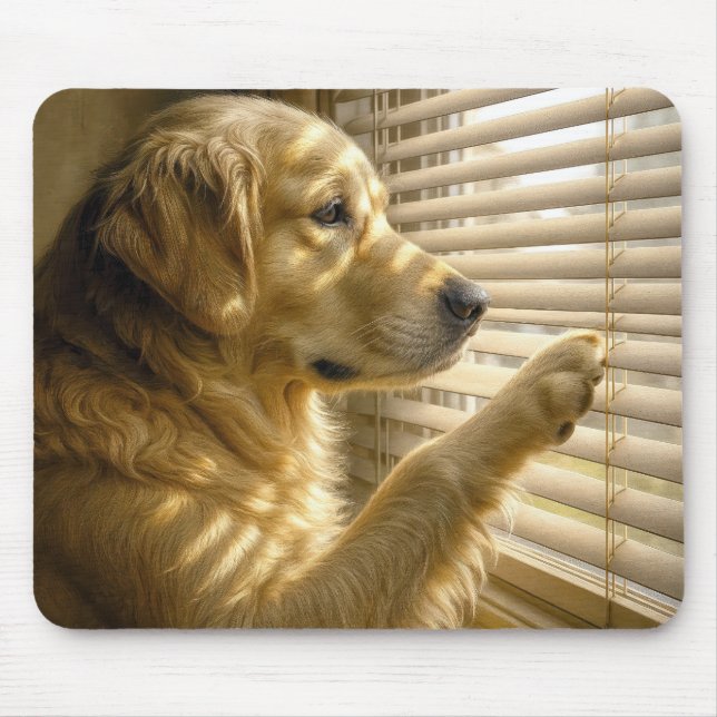 Golden Retriever Peeking Through Sunlit Blinds Musmatta (Framsidan)