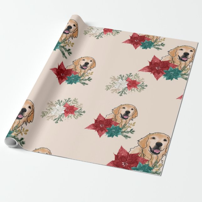 Golden Retriever Poinsettia Wrapping Papprare Presentpapper (Utrullad)