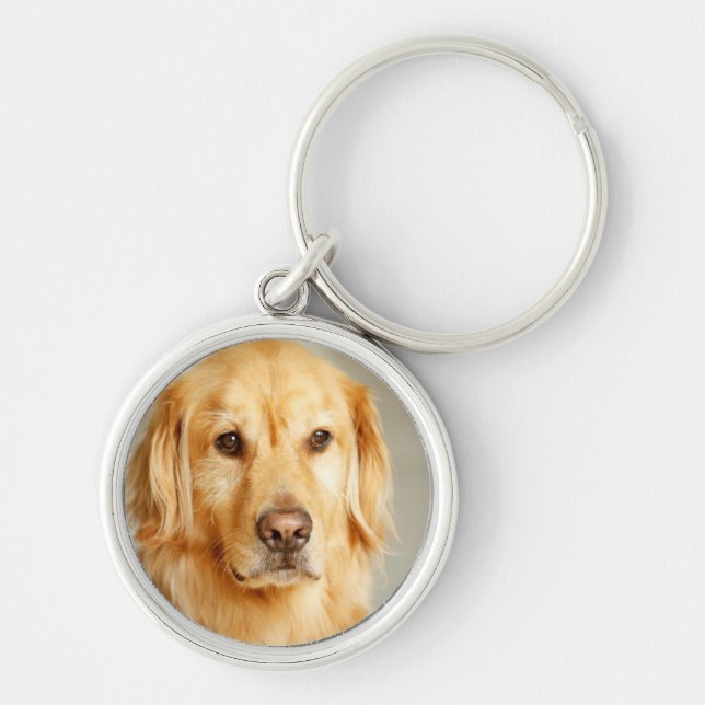 Golden Retriever Porträtt Rund Silverfärgad Nyckelring (Framsidan)
