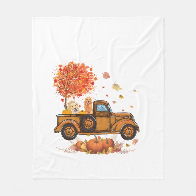 Golden Retriever Pumpkin Lastbil Autumn Löv Fall Fleecefilt (Framsidan)