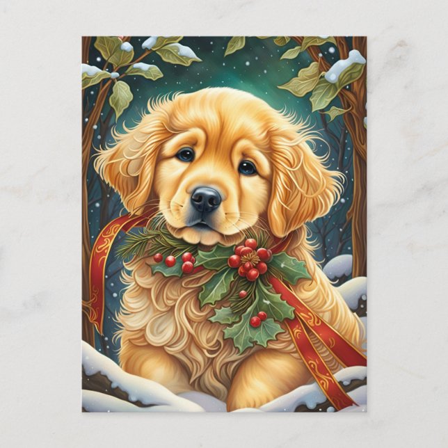 Golden Retriever Puppy Festive Holly Helg Vykort (Framsida)