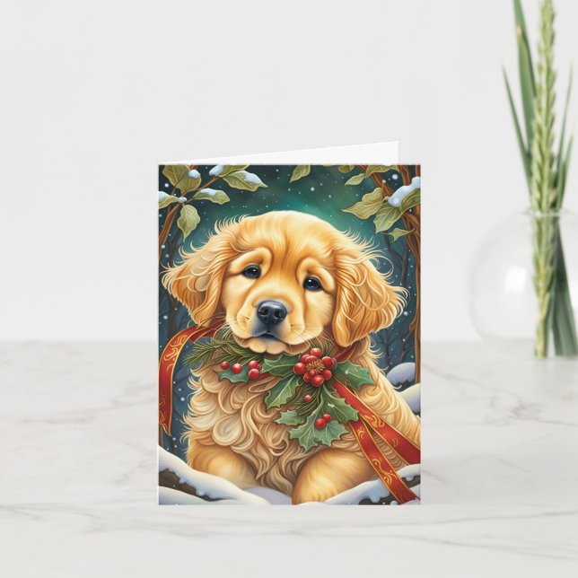 Golden Retriever Puppy Festive Holly Helgkort (Framsida)
