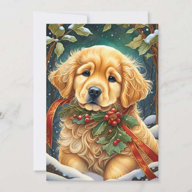Golden Retriever Puppy Festive Holly Julkort (Framsida)