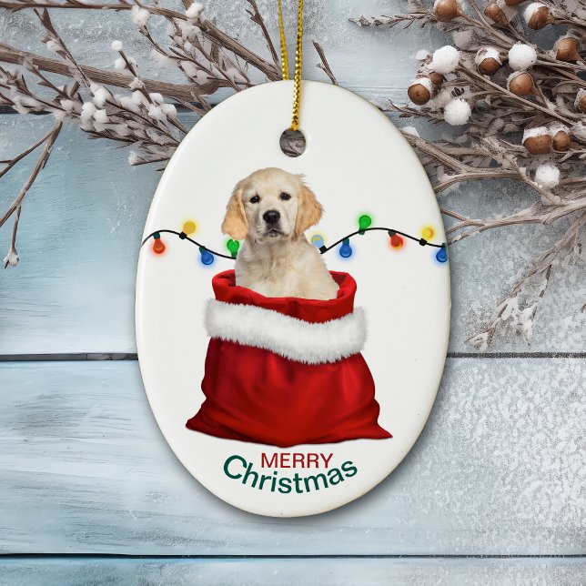 Golden Retriever Puppy Hund i Helgdag Gift Bag Julgransprydnad Keramik (Skapare uppladdad)