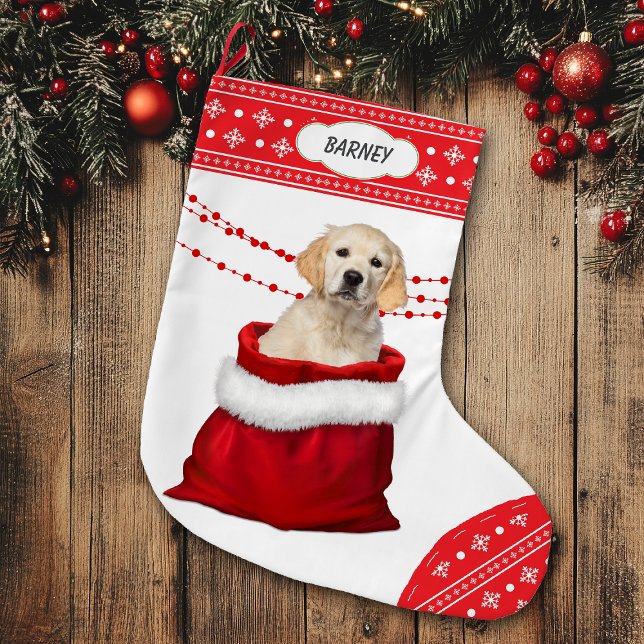 Golden Retriever Puppy Hund Snowflake Gräns Stor Julstrumpa (Skapare uppladdad)