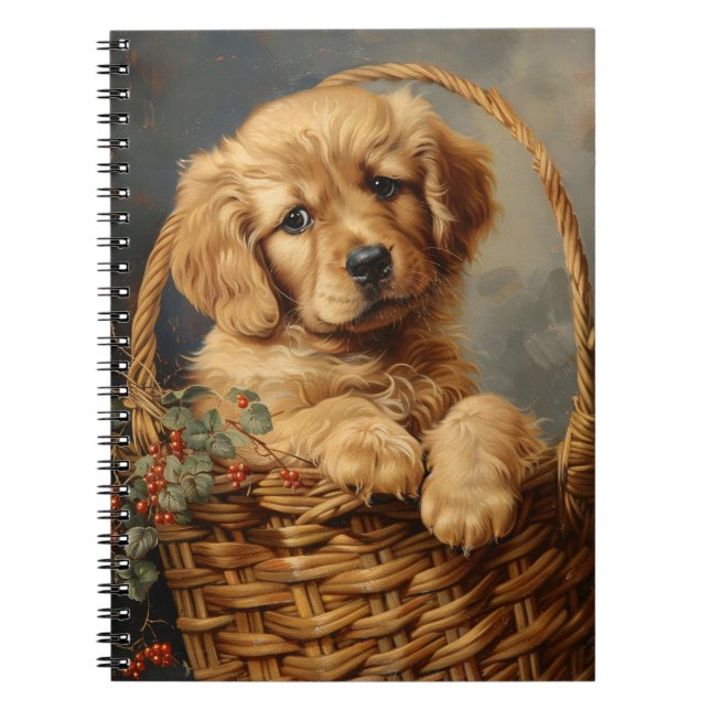 Golden Retriever Puppy i Basket Anteckningsbok (Framsidan)