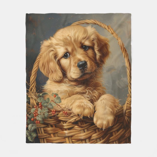 Golden Retriever Puppy i Basket Fleecefilt (Framsidan)