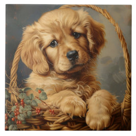 Golden Retriever Puppy i Basket Kakelplatta